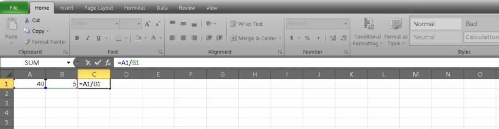 how to divide numbers in excel