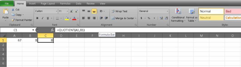 how to use QUOTIENT in excel
