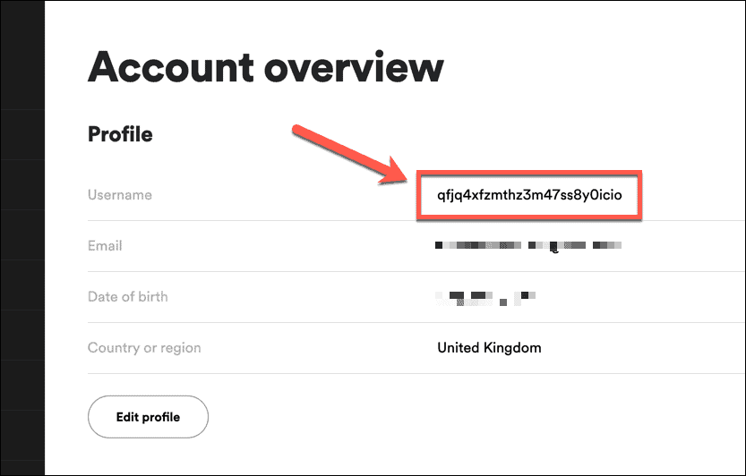 An example Spotify account username using randomized letters and numbers.