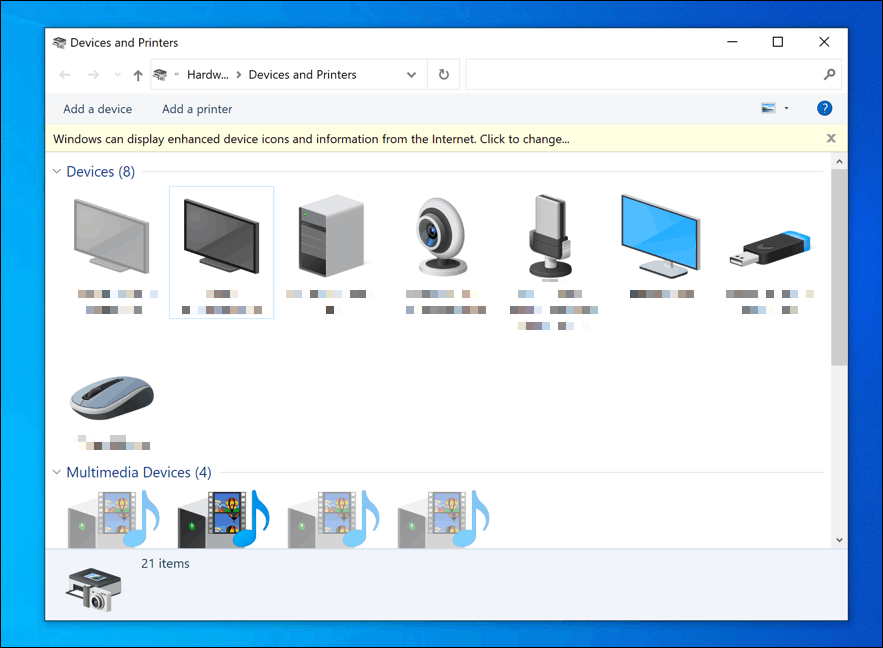 A list of devices in the Windows 10 Devices and Printers menu.