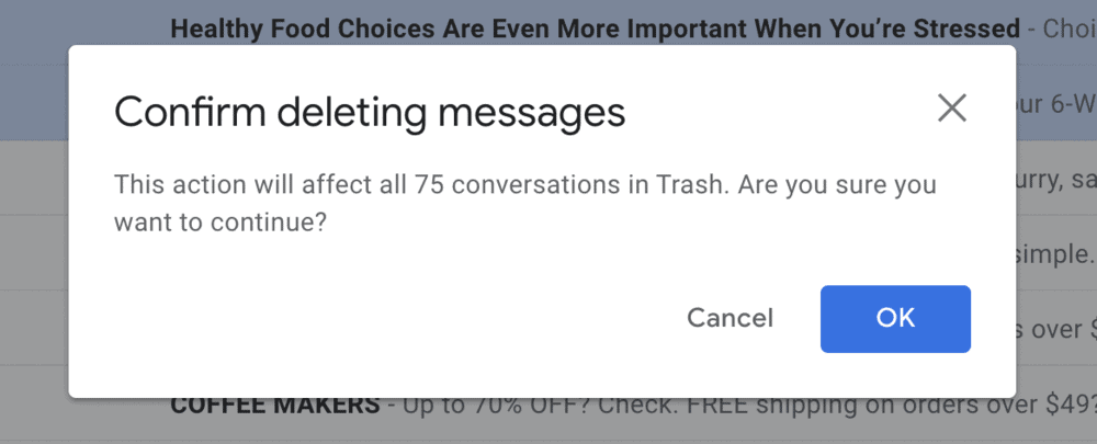 Confirm delete messages button in Gmail