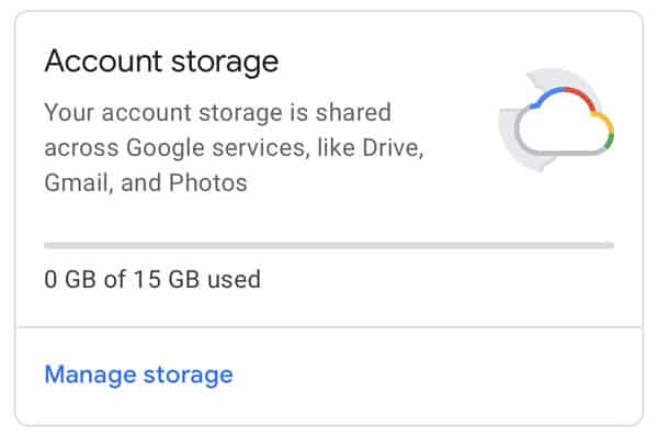 Account storage details in Gmail app