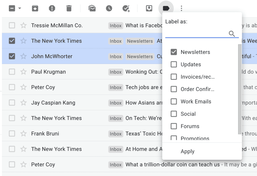 Select a folder to move emails