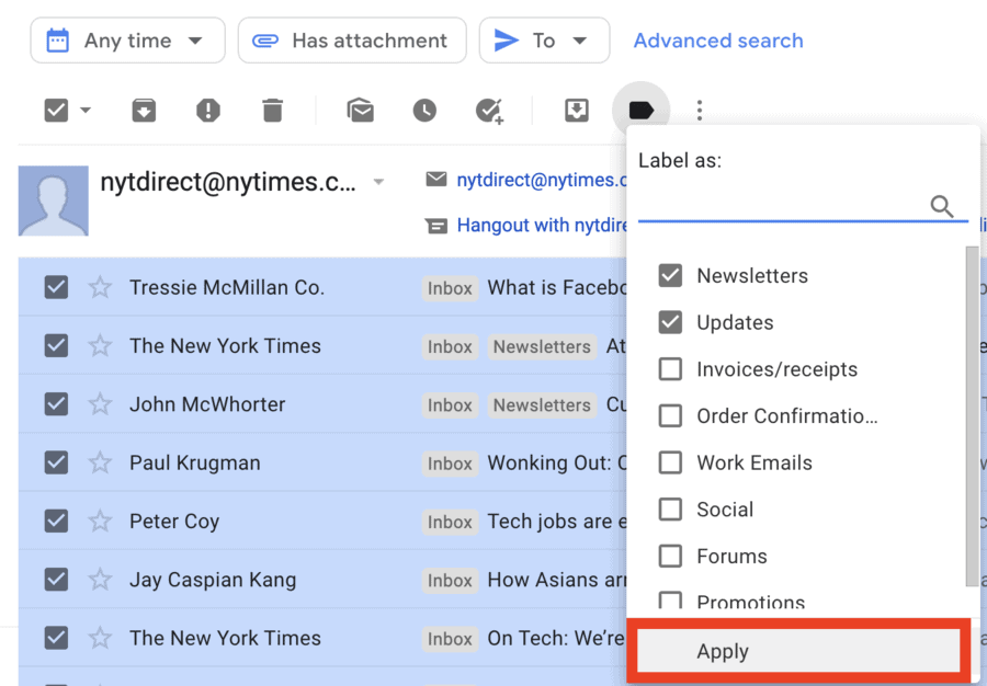Apply labels to a group of emails in Gmail