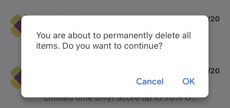 Permanently delete confirmation in Gmail app