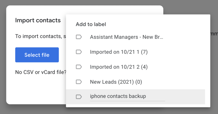 Select a label for imported backup