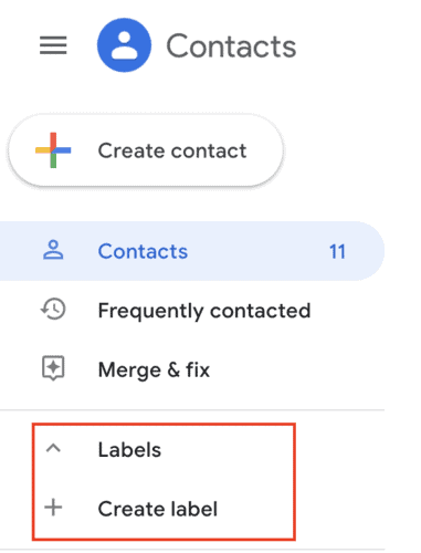 Labels location in Google Contacts menu