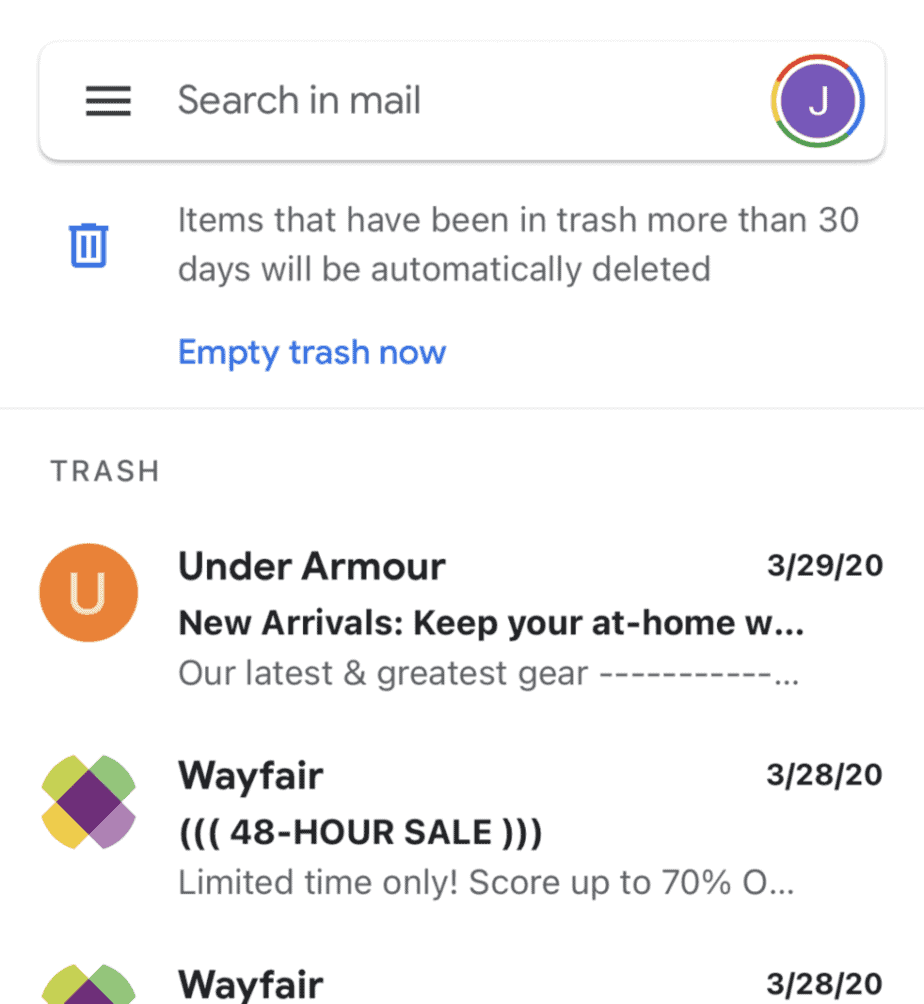 Empty trash now in Gmail mobile
