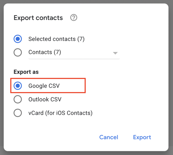 Choose Google CSV to backup contacts