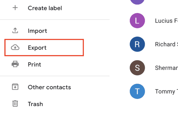 The export button in the Google Contacts menu