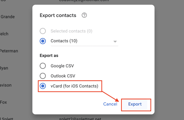 export as vCard for iOS