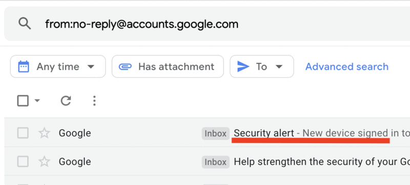 Find a list of sign-in alerts from Gmail