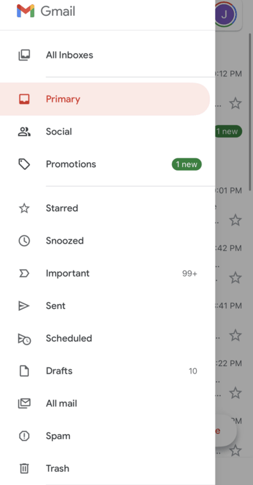 Trash folder in Gmail mobile