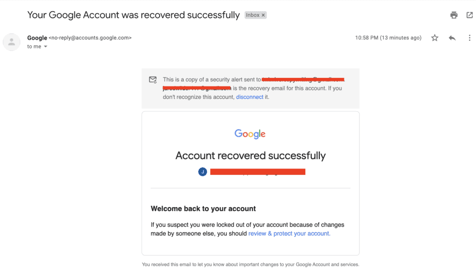 successfully recovered Google account