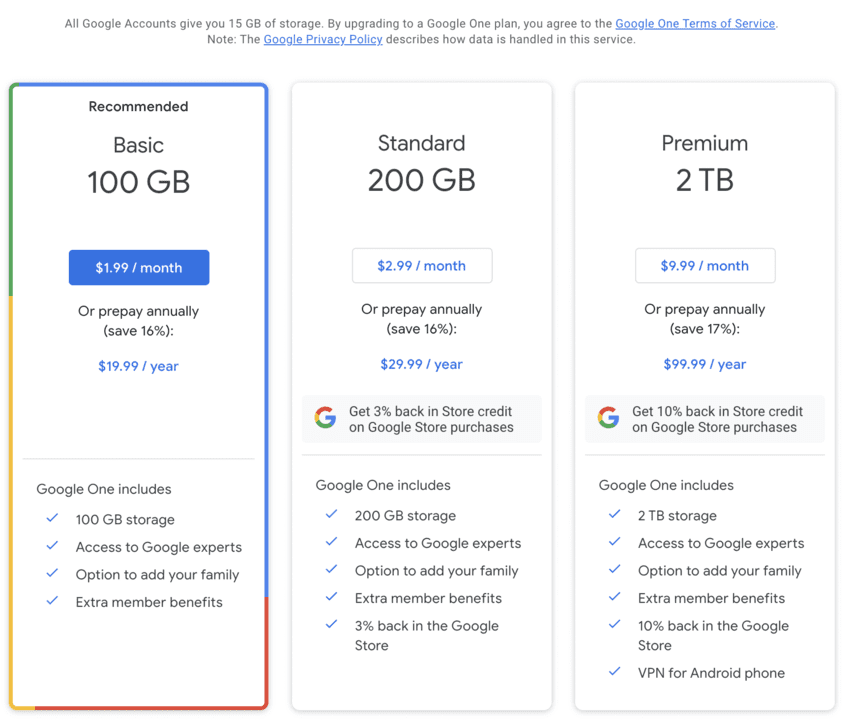 Google one upgrade options