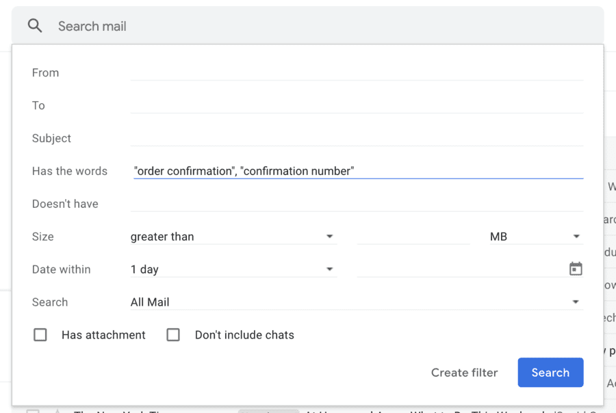 Filter parameters for Gmail folders