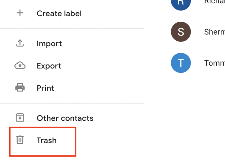 How to find Google Contacts trash folder