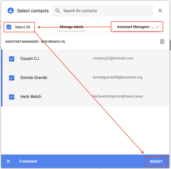 Insert contacts into a Gmail message