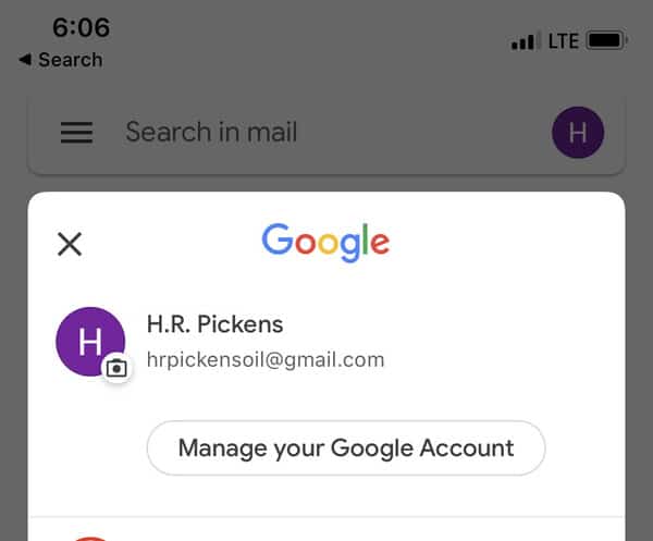Find account storage on Gmail mobile app