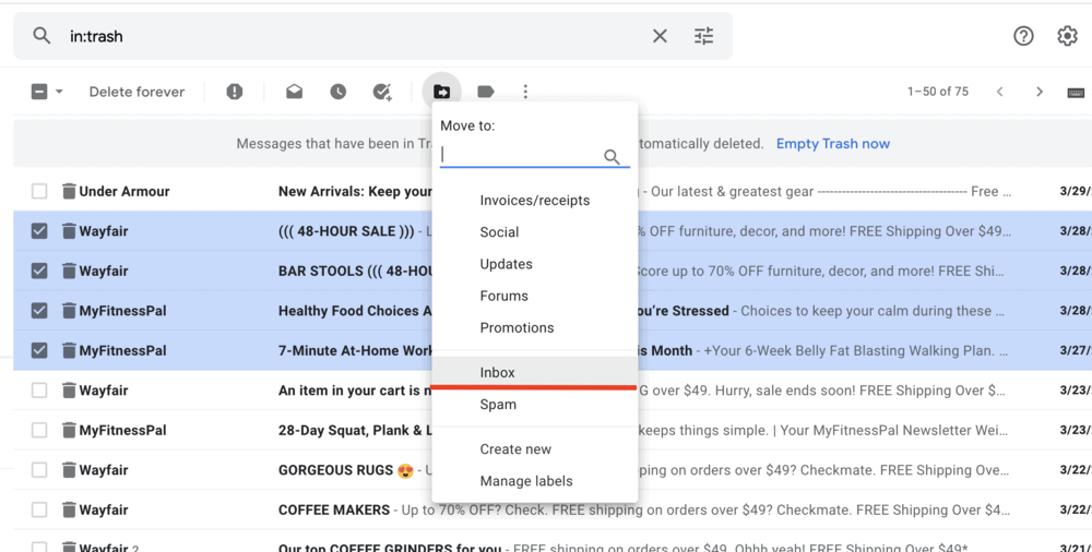 Move deleted Gmail messages back to inbox