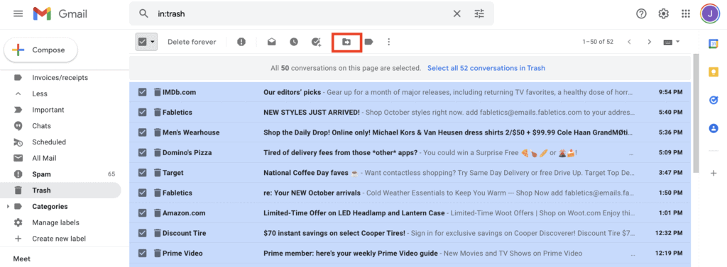 Moving deleted emails to inbox in Gmail