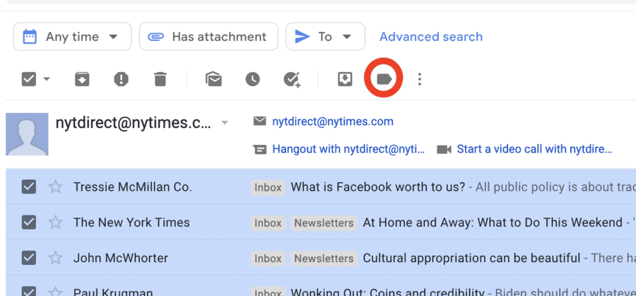 Click the label icon to move emails