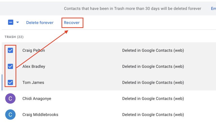 Recover deleted contacts in Google