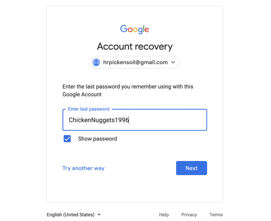 Recover a gmail account using old password
