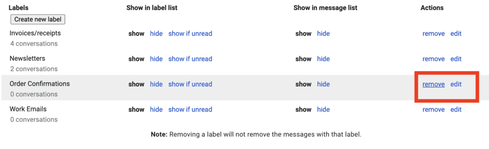 Remove a folder in Gmail button