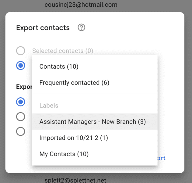 select a gmail group to export