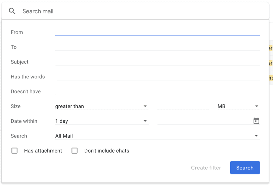 Set filter parameters for Gmail incoming messages