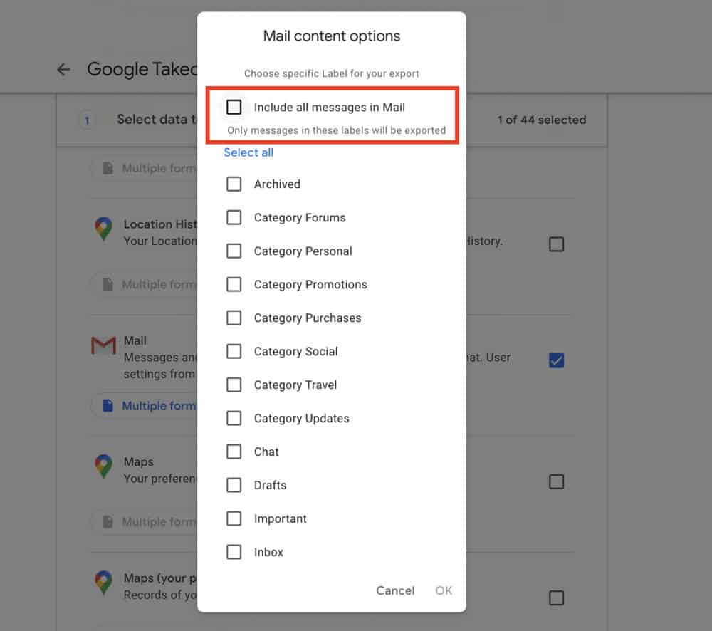 selecione a pasta do gmail para baixar
