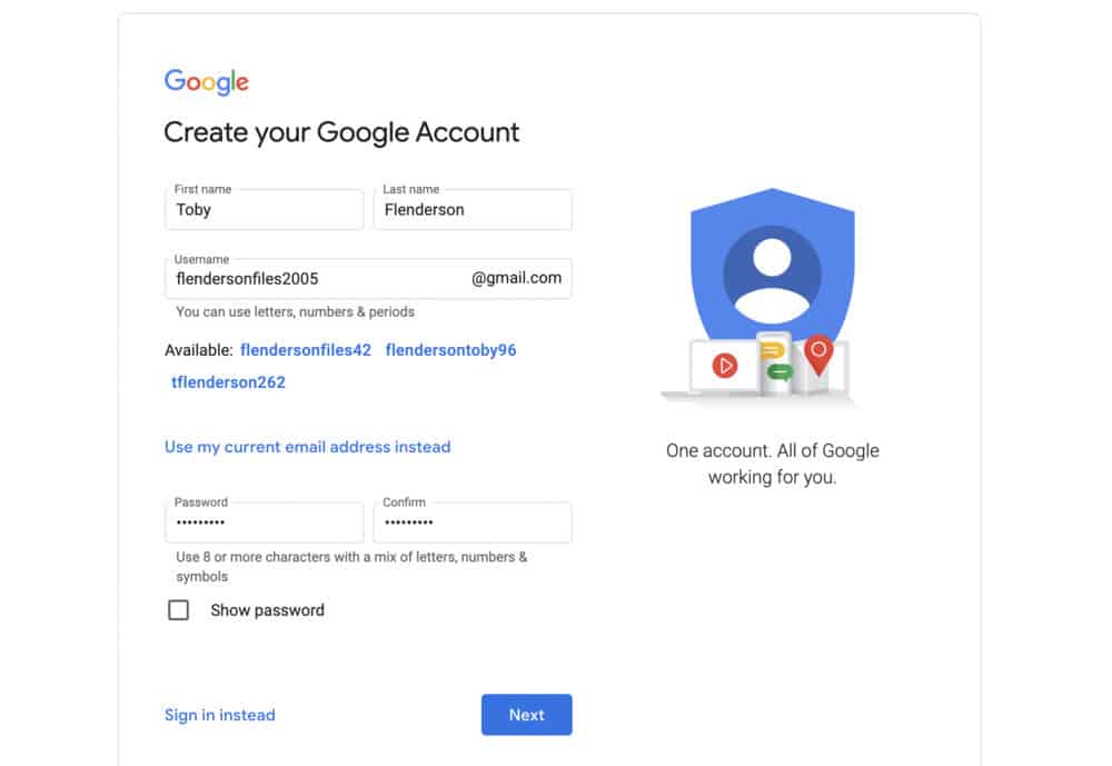 how to create a google account