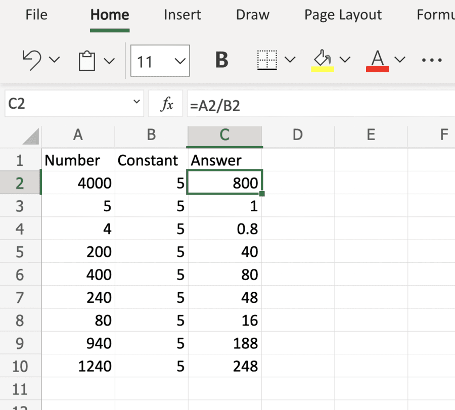 how to divide by constant in excel
