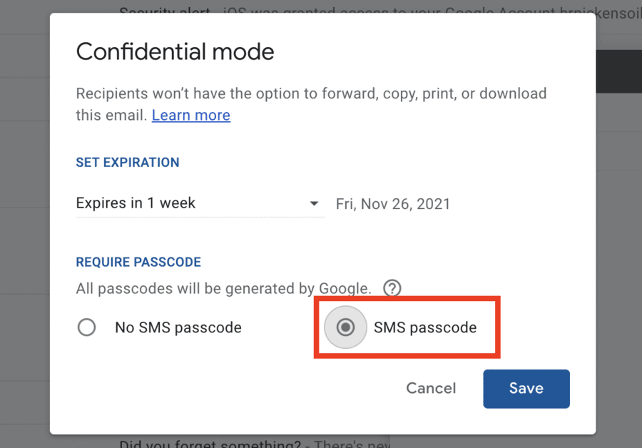 require passcode for confidential email in gmail