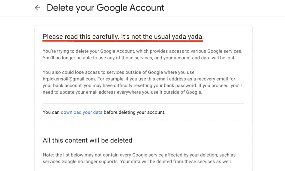read statement before deleting gmail account